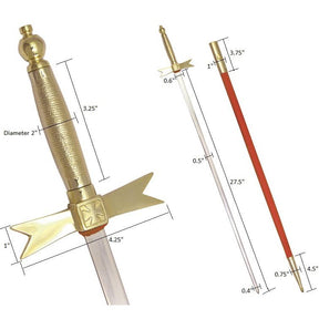 Masonic Knights Templar Sword with Gold Hilt and Red Scabbard 35 3/4" + Free Case - Bricks Masons