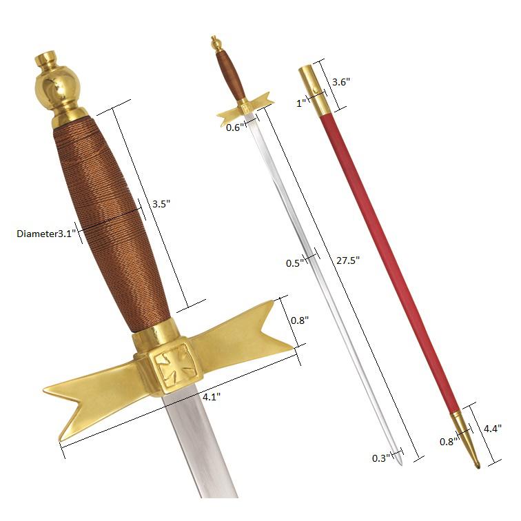 Masonic Knights Templar Sword with Brown Hilt and Red Scabbard 35 3/4" + Free Case - Bricks Masons