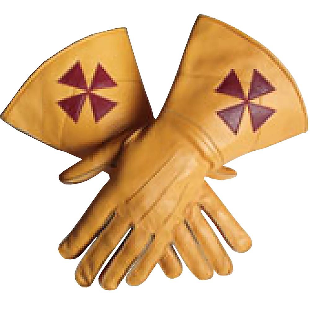 Knight Templar Yellow Color Gauntlets Red Cross Soft Leather Gloves - Bricks Masons