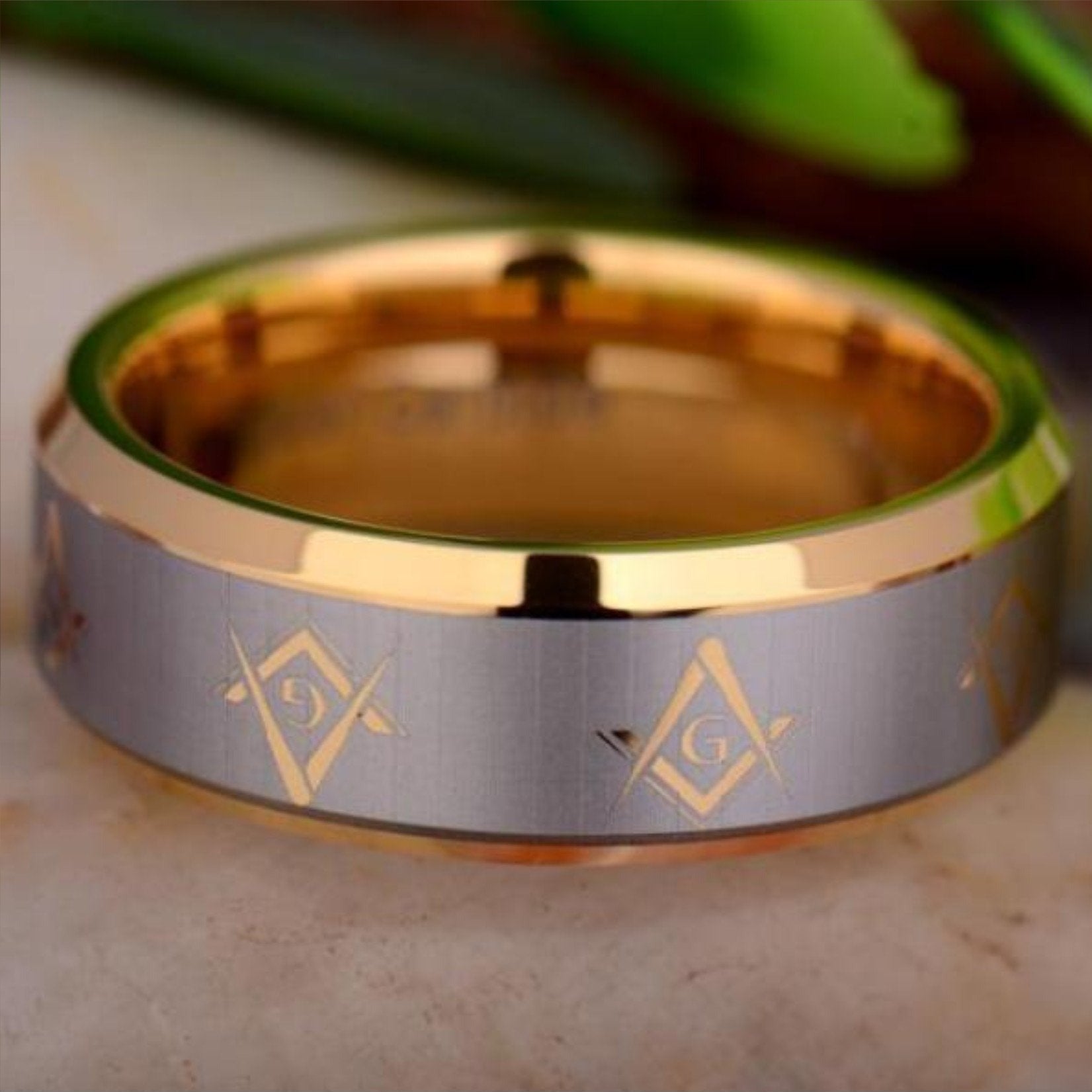 Masonic Mason Gold Color Beveled Tungsten Ring Free Engraving - Bricks Masons