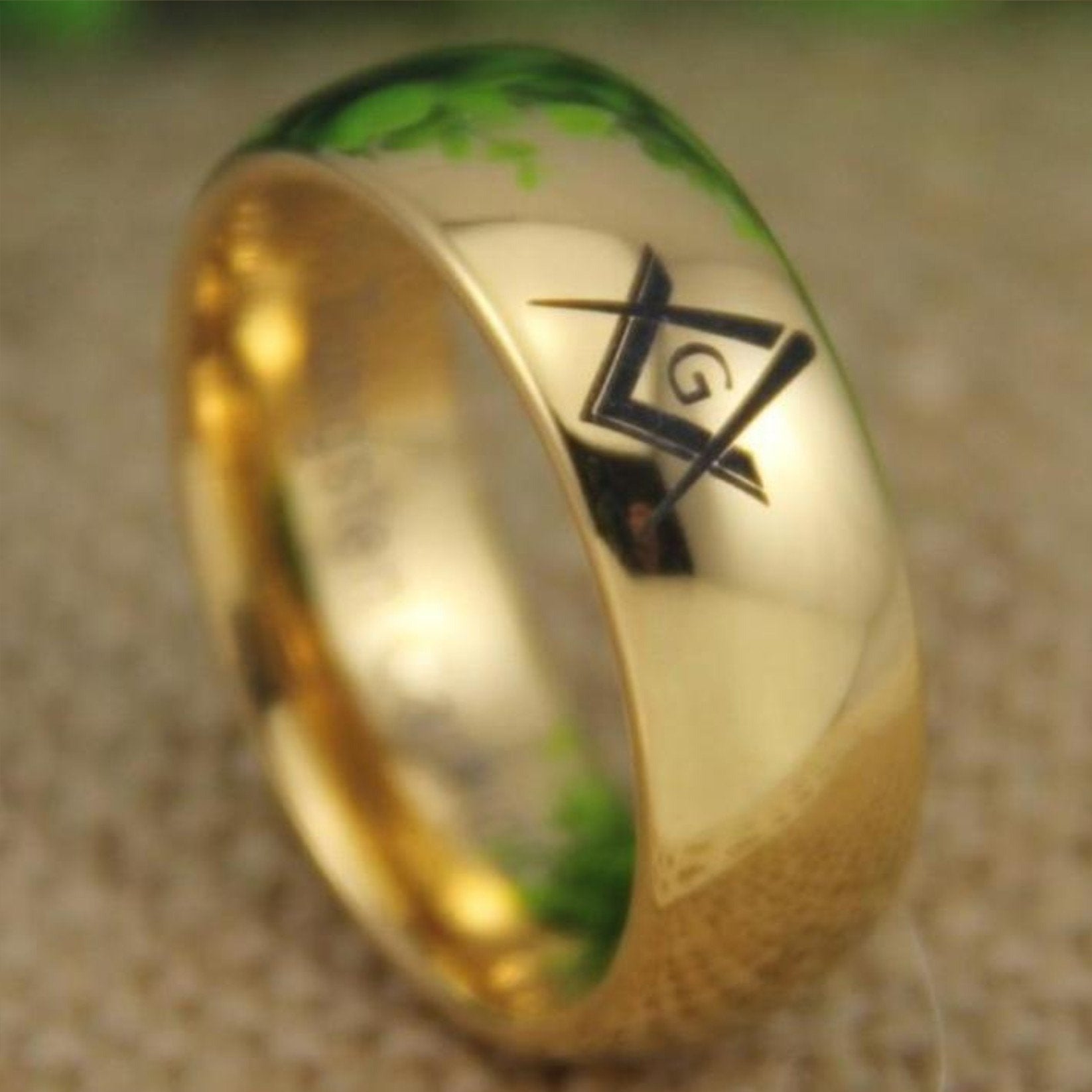 Masonic Master Gold Color Dome Tungsten Ring Free Engraving - Bricks Masons