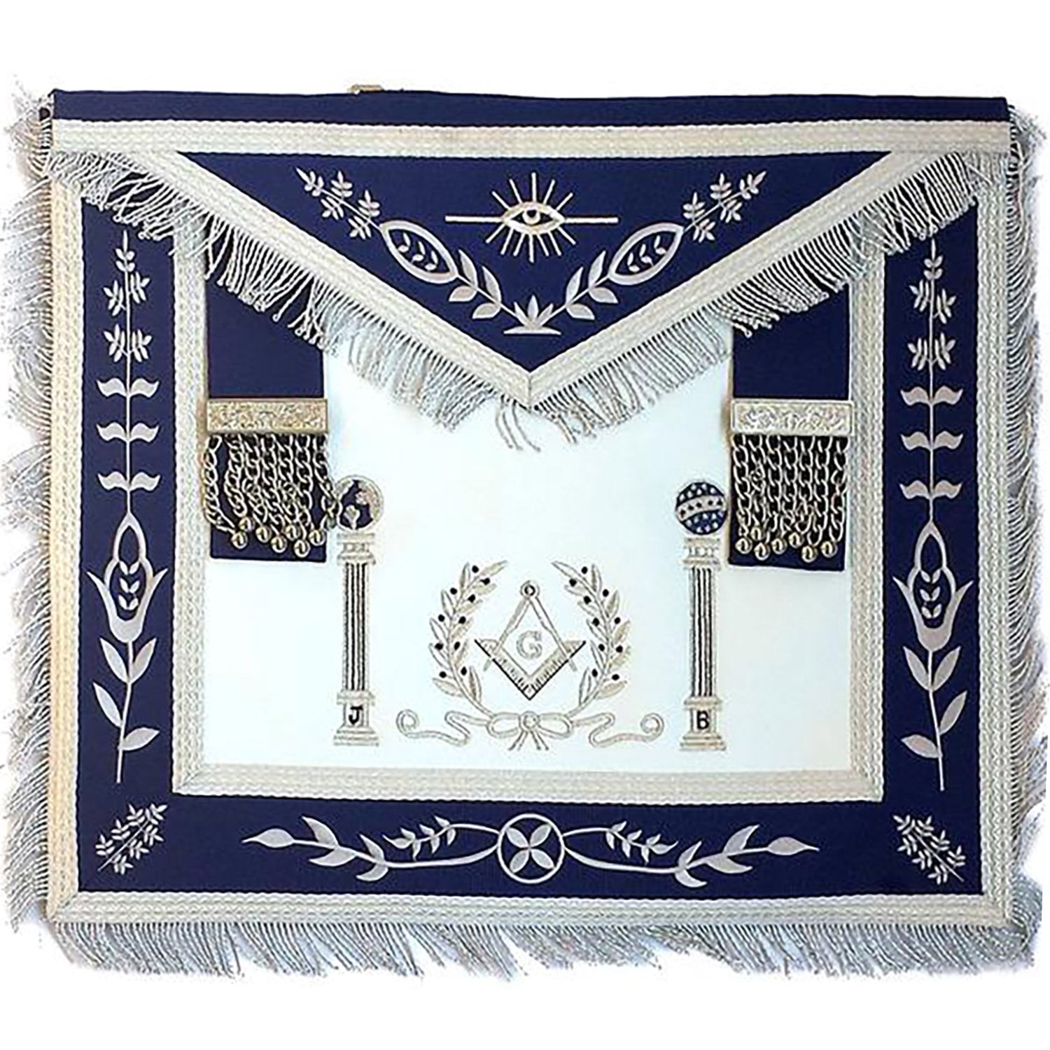 Master Mason Blue Lodge Apron - Navy Blue with Pillars Silver Hand Embroidery - Bricks Masons