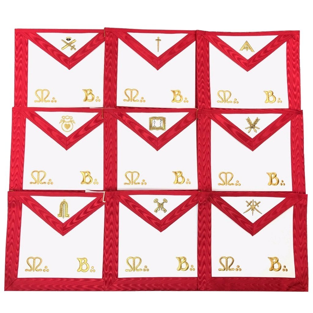 Officers Scottish Rite Officer Apron Set - Royal Red Moire Ribbon Machine Embroidery - Bricks Masons