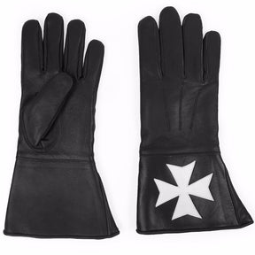 Knight of Malta Black Gauntlets White Maltese Cross Soft Leather Gloves - Bricks Masons