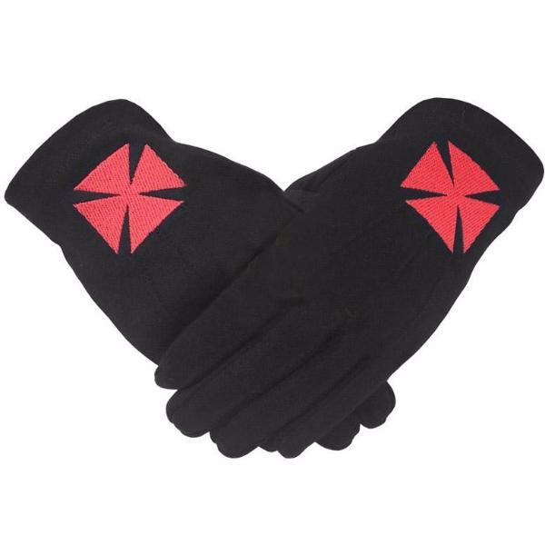 Knights Templar Commandery Glove - Black Cotton with Red Nordic Cross - Bricks Masons