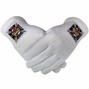 Knights Templar Commandery Glove - White Cotton Machine Embroidered Emblem - Bricks Masons