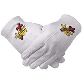 Knights Templar Commandery Glove - White Cotton Machine Embroidered Logo - Bricks Masons