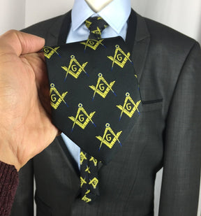 Master Mason Blue Lodge Necktie - Black & Gold Silk Machine Embroidery - Bricks Masons