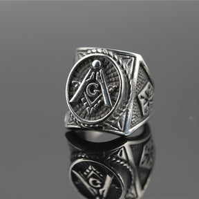 Master Mason Blue Lodge Ring - Silver Titanium Steel Square and Compass G - Bricks Masons