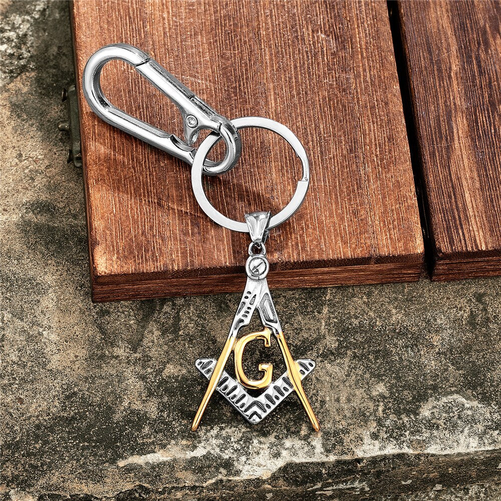 Master Mason Blue Lodge Keychain - Golden Stainless Steel Square & Compass G - Bricks Masons