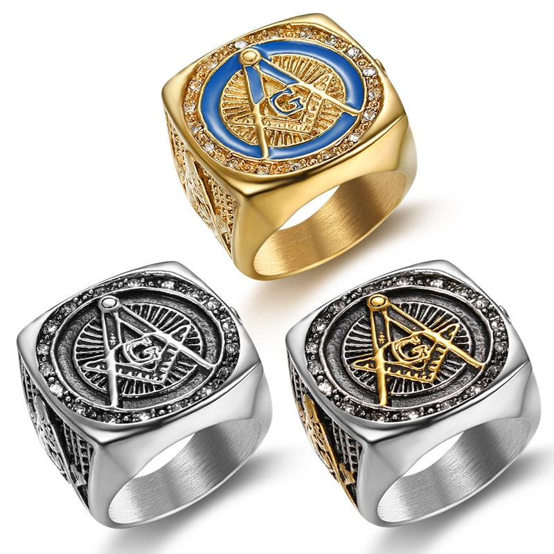 Master Mason Blue Lodge Ring - Square and Compass G Rhinestone - Bricks Masons