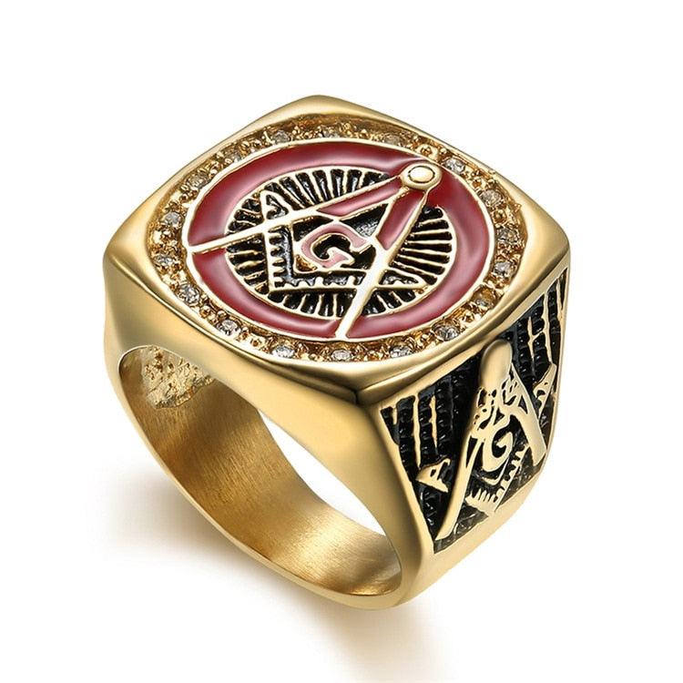 Master Mason Blue Lodge Ring - Golden Red Compass and Square G - Bricks Masons