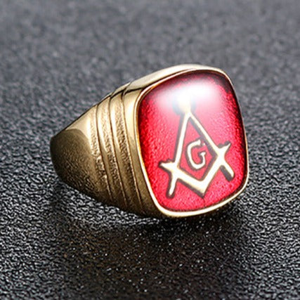Master Mason Blue Lodge Ring - Casted Square & Compass G Red Stainless Steel - Bricks Masons