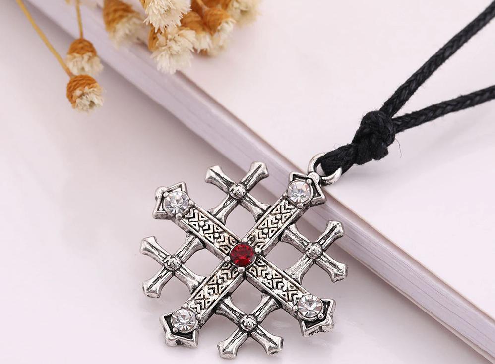 knights Templar Jerusalem Cross Medieval Red Crystal Necklace - Bricks Masons