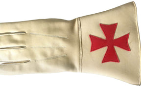 Knight of Malta Buff Color Gauntlets Red Maltese Cross Soft Leather Gloves - Bricks Masons