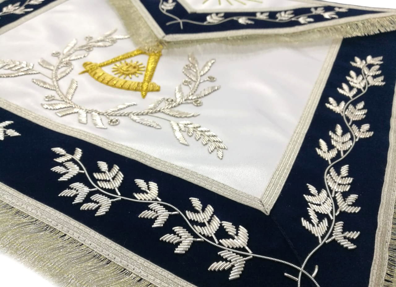 Masonic Past Master Apron Blue Hand Embroidered Silver Bullion - Bricks Masons