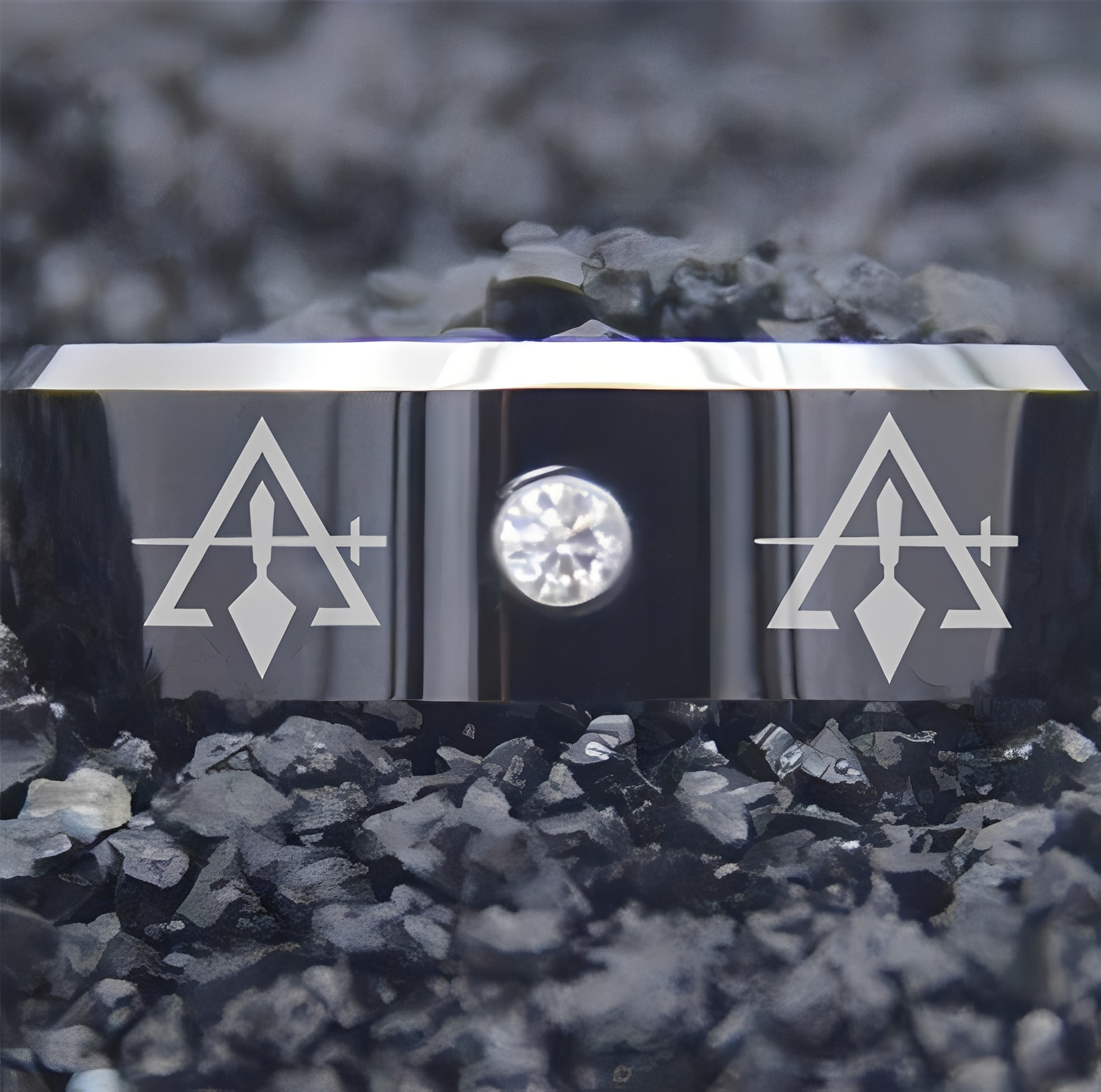Council Ring - Black Silver Bevel With CZ Stone - Bricks Masons