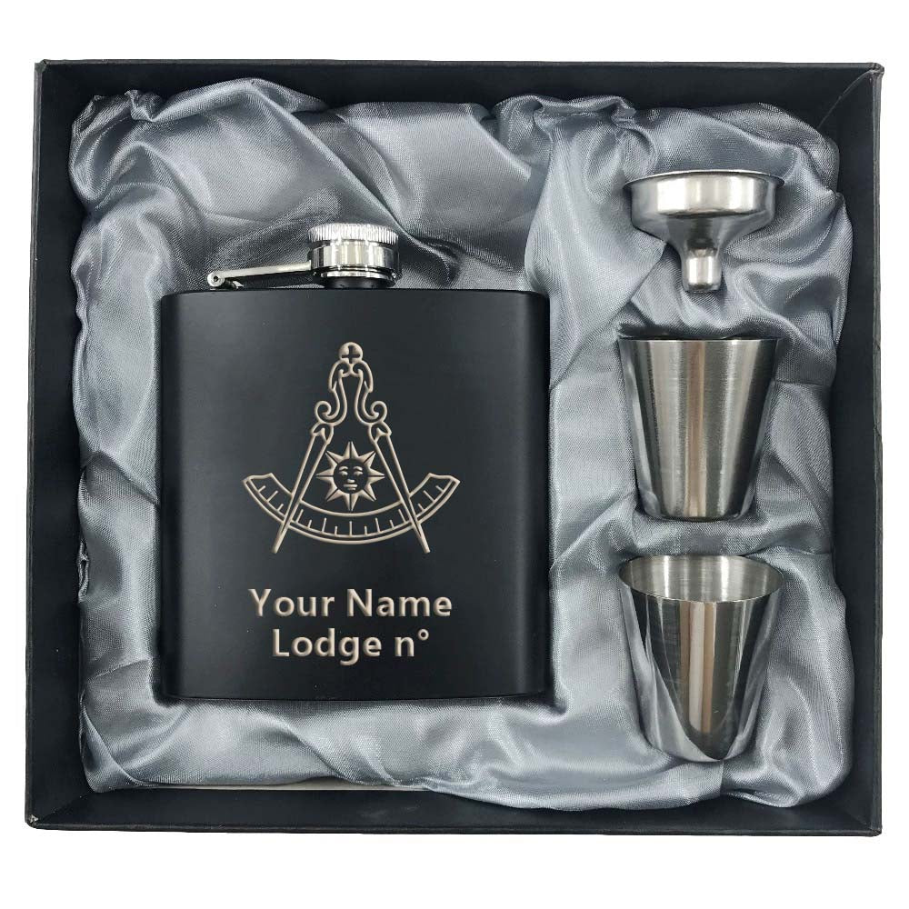 Past Master Blue Lodge California Regulation Flask - 2 Shot Glasses & Funnel - Bricks Masons