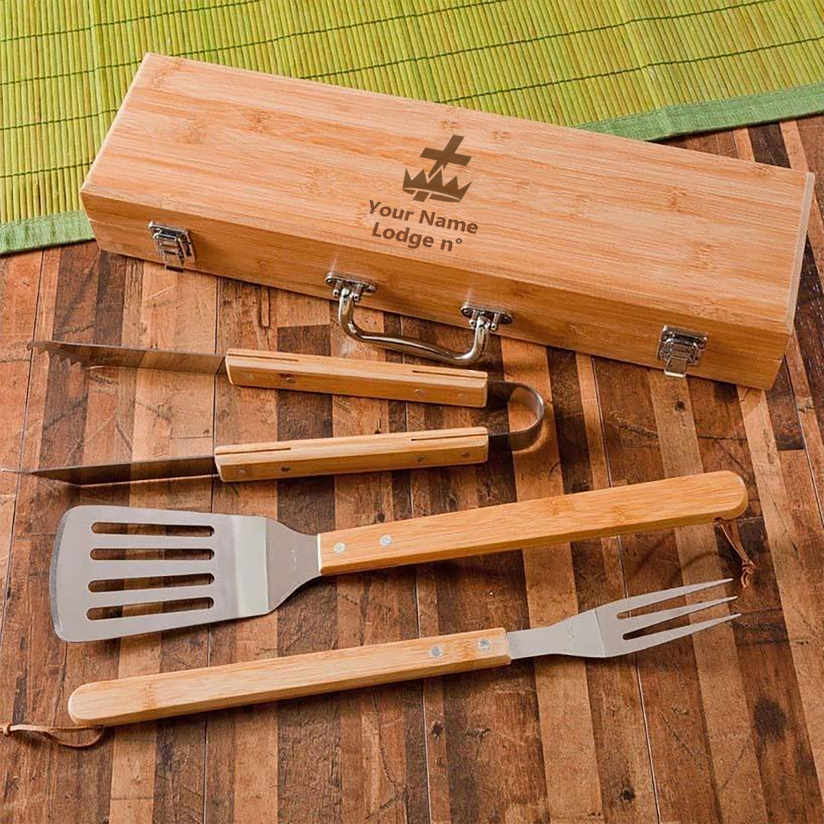 Knights Templar Commandery Grill Tool - BBQ Set & Bamboo Case - Bricks Masons