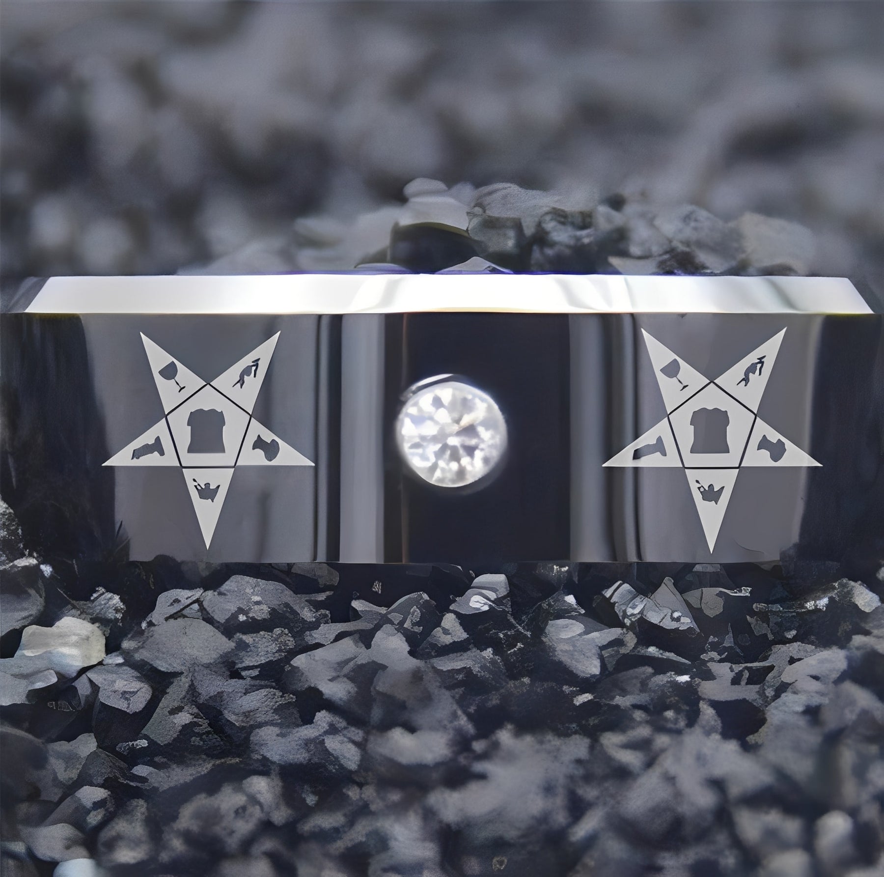 OES Ring - Black Silver Bevel With CZ Stone - Bricks Masons