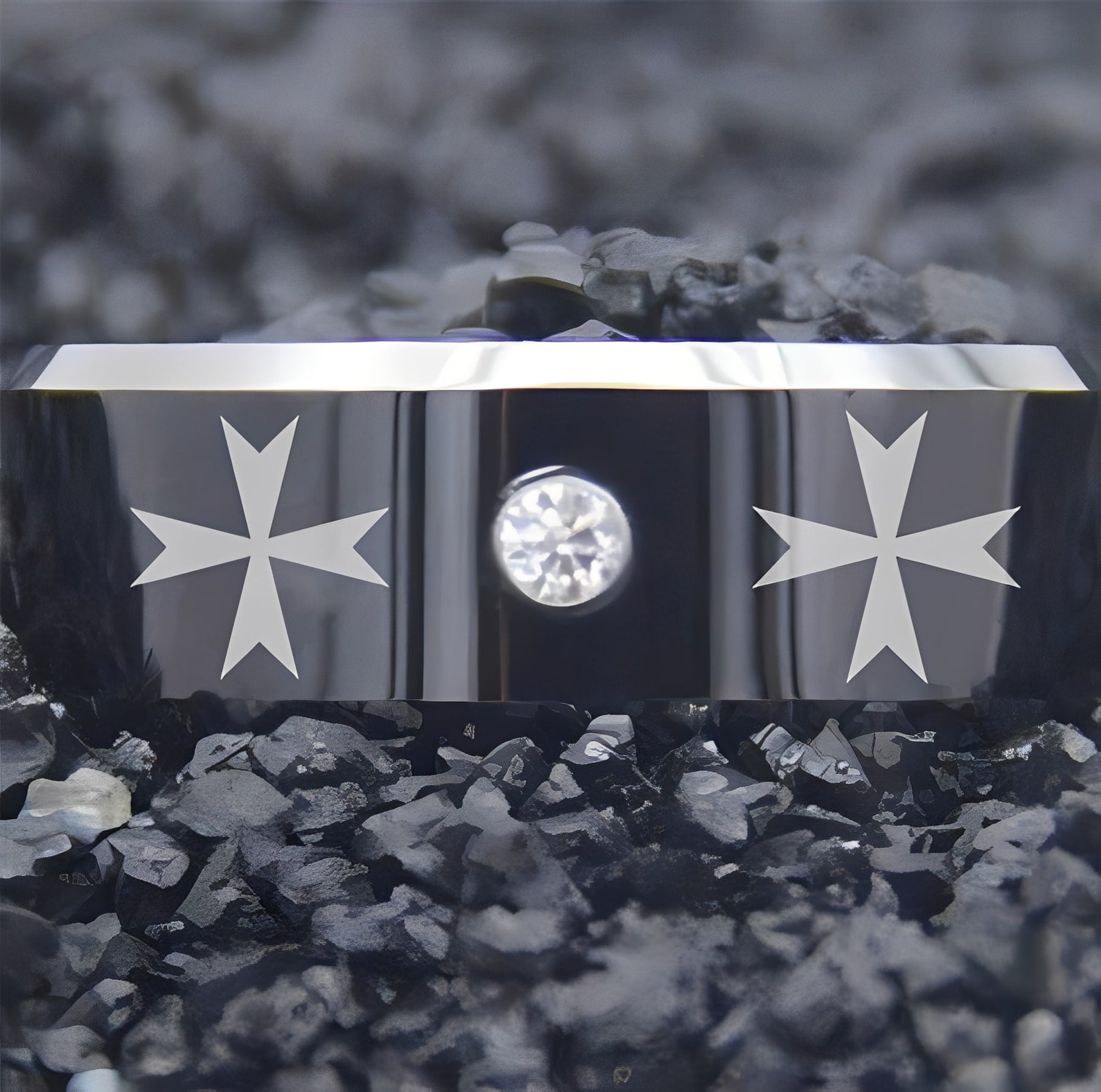 Order of Malta Commandery Ring - Black Silver Bevel With CZ Stone - Bricks Masons