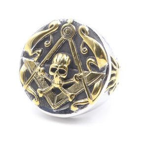 Skull Cross Bones and Compass with Golden Motif Masonic Ring - Bricks Masons