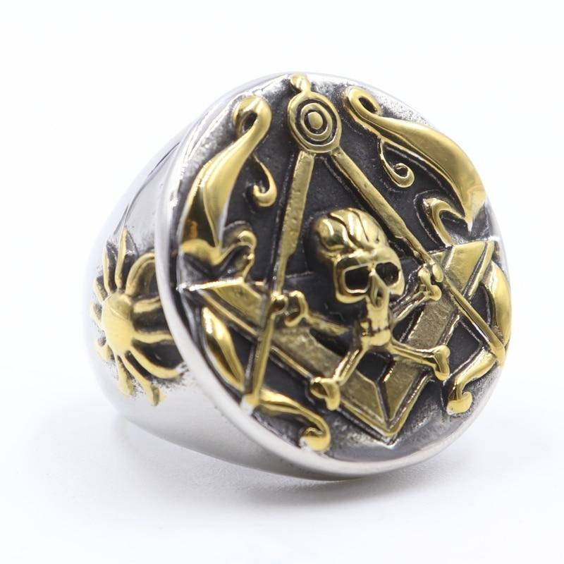Skull Cross Bones and Compass with Golden Motif Masonic Ring - Bricks Masons