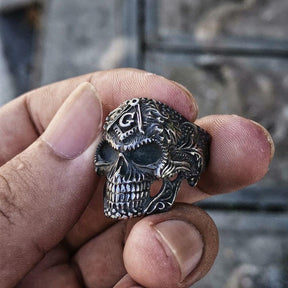 Silver Black Skull Stainless Steel Masonic Ring - Bricks Masons