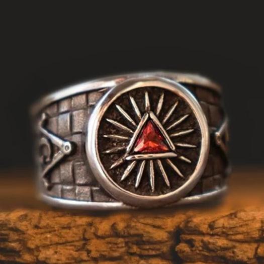 Masonic Red Stone Pyramid Silver Ring - Bricks Masons