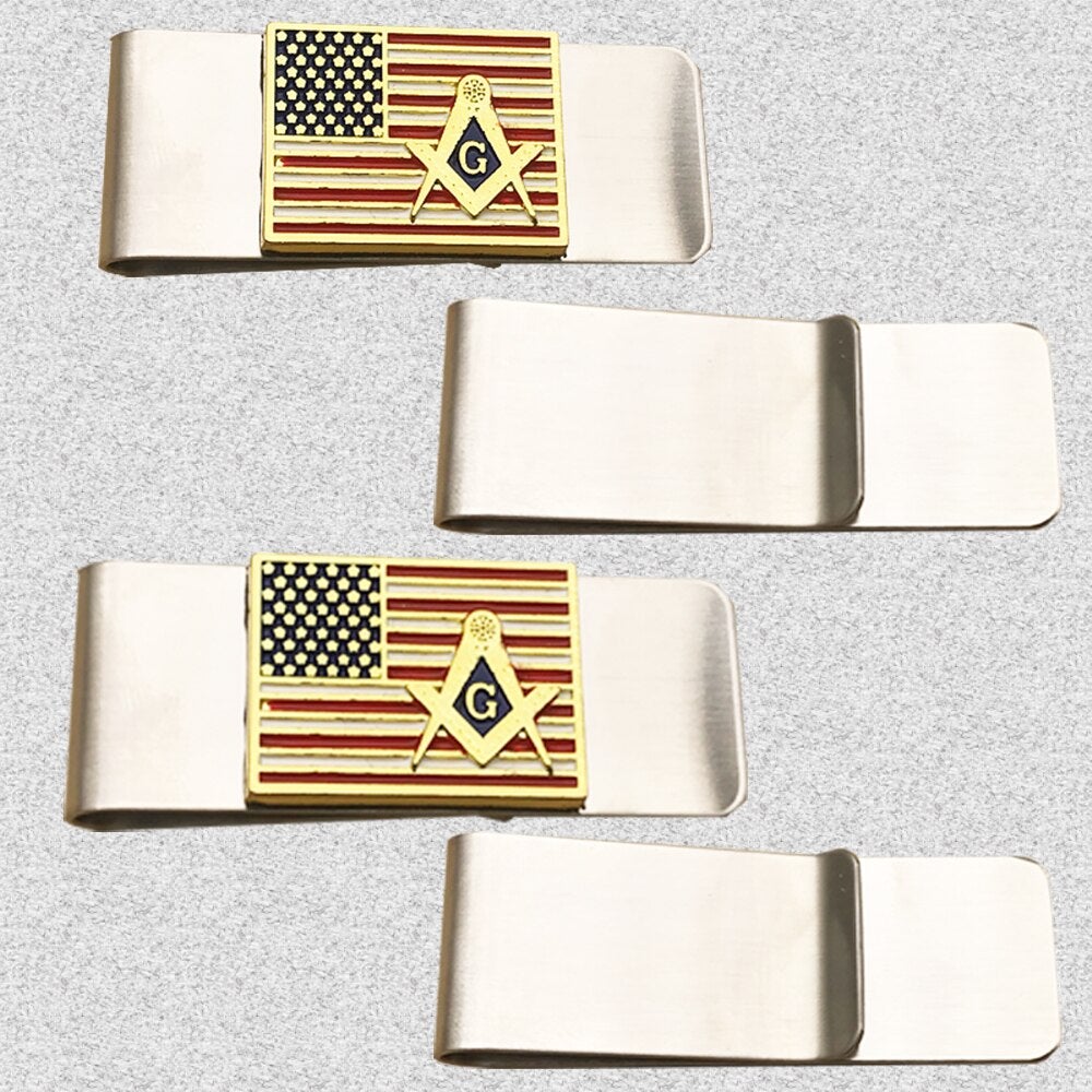 Master Mason Blue Lodge Money Clip - Square and Compass G American Flag Credit Card Holder - Bricks Masons