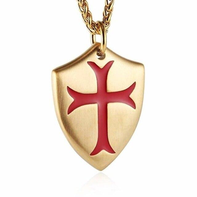Knights Templar Commandery Necklace - Cross Joshua Shield Gold Stainless Steel - Bricks Masons