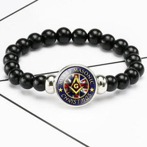 Master Mason Blue Lodge Bracelet - Compass & Square G Black Beads - Bricks Masons