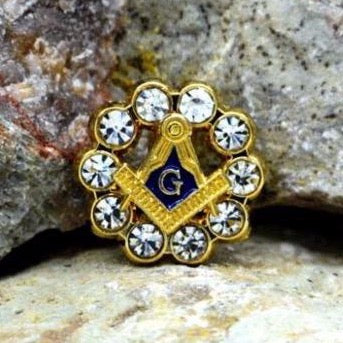 Master Mason Blue Lodge Lapel Pin - Rhinestones Gold & blue - Bricks Masons