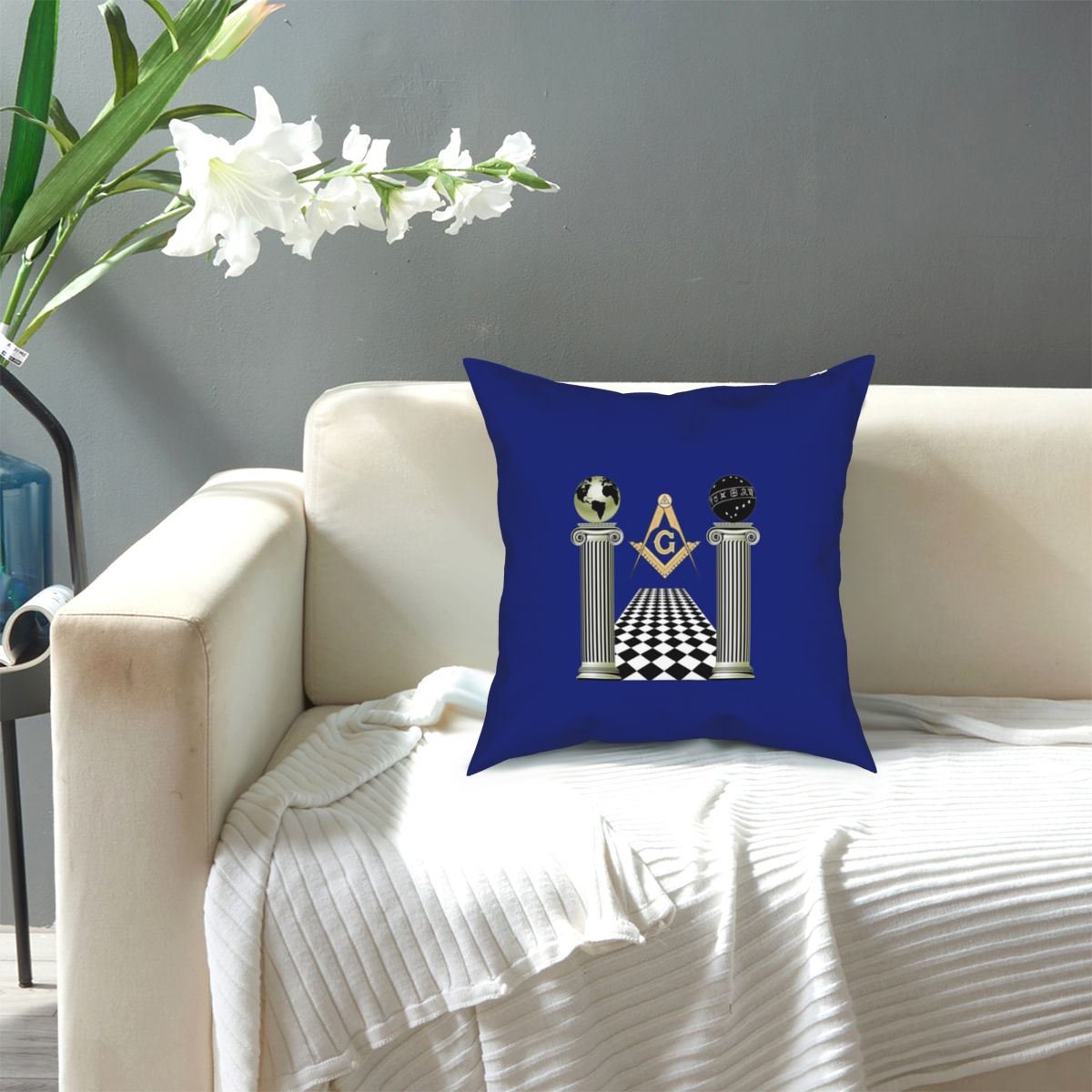 Master Mason Blue Lodge Pillowcase - Compass And Square Solomon's Temple Blue - Bricks Masons