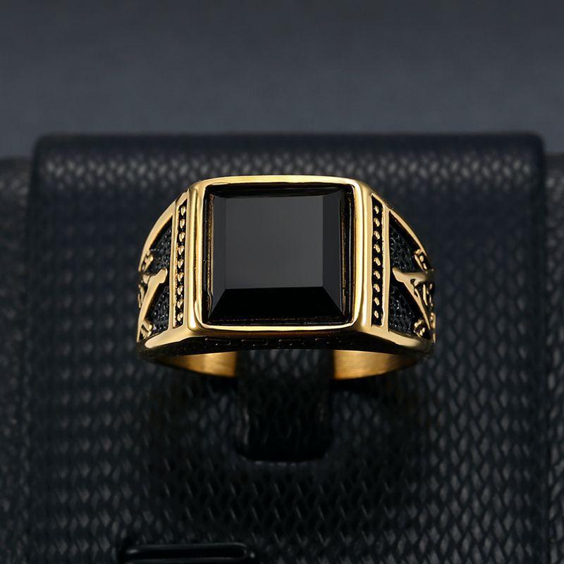 Master Mason Blue Lodge Ring - Black Stone Titanium Gold Color - Bricks Masons