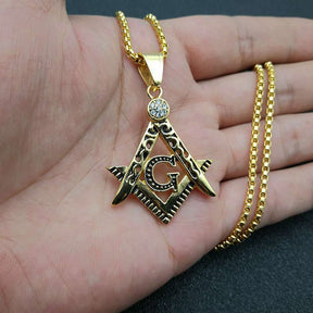 Master Mason Blue Lodge Necklace - Crystal Square & Compass G [Gold & Silver] - Bricks Masons