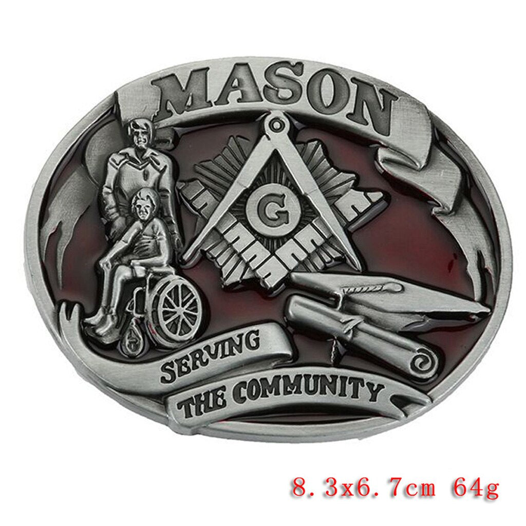 Master Mason Blue Lodge Belt - Serving The Community Square & Compass Buckle - Bricks Masons