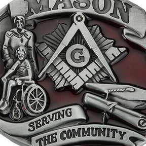 Master Mason Blue Lodge Belt - Serving The Community Square & Compass Buckle - Bricks Masons