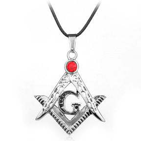 Master Mason Blue Lodge Necklace - All Red Crystal Square & Compass - Bricks Masons
