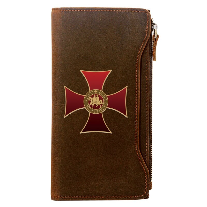 Knights Templar Commandery Wallet - Genuine Brown Leather Red Cross - Bricks Masons