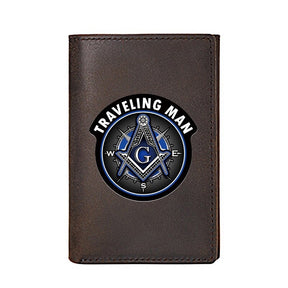 Master Mason Blue Lodge Wallet - Traveling Man Genuine Leather Brown - Bricks Masons