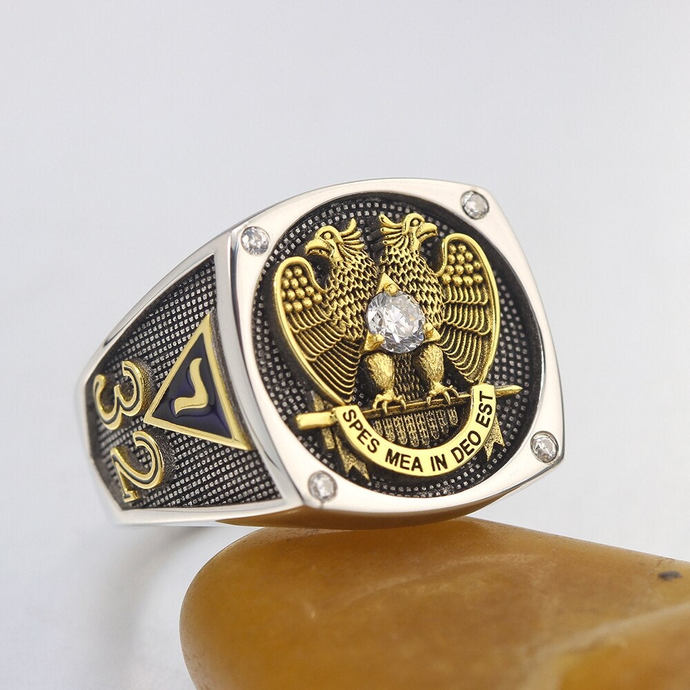 14th Degree & 32nd Degree Scottish Rite / Widows Sons Ring - 925 Sterling Silver - Bricks Masons