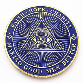 Master Mason Blue Lodge & Eye Of Providence Coin - Wisdom Strength Beauty Brotherhood Blue & Gold - Bricks Masons