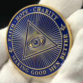 Master Mason Blue Lodge & Eye Of Providence Coin - Wisdom Strength Beauty Brotherhood Blue & Gold - Bricks Masons