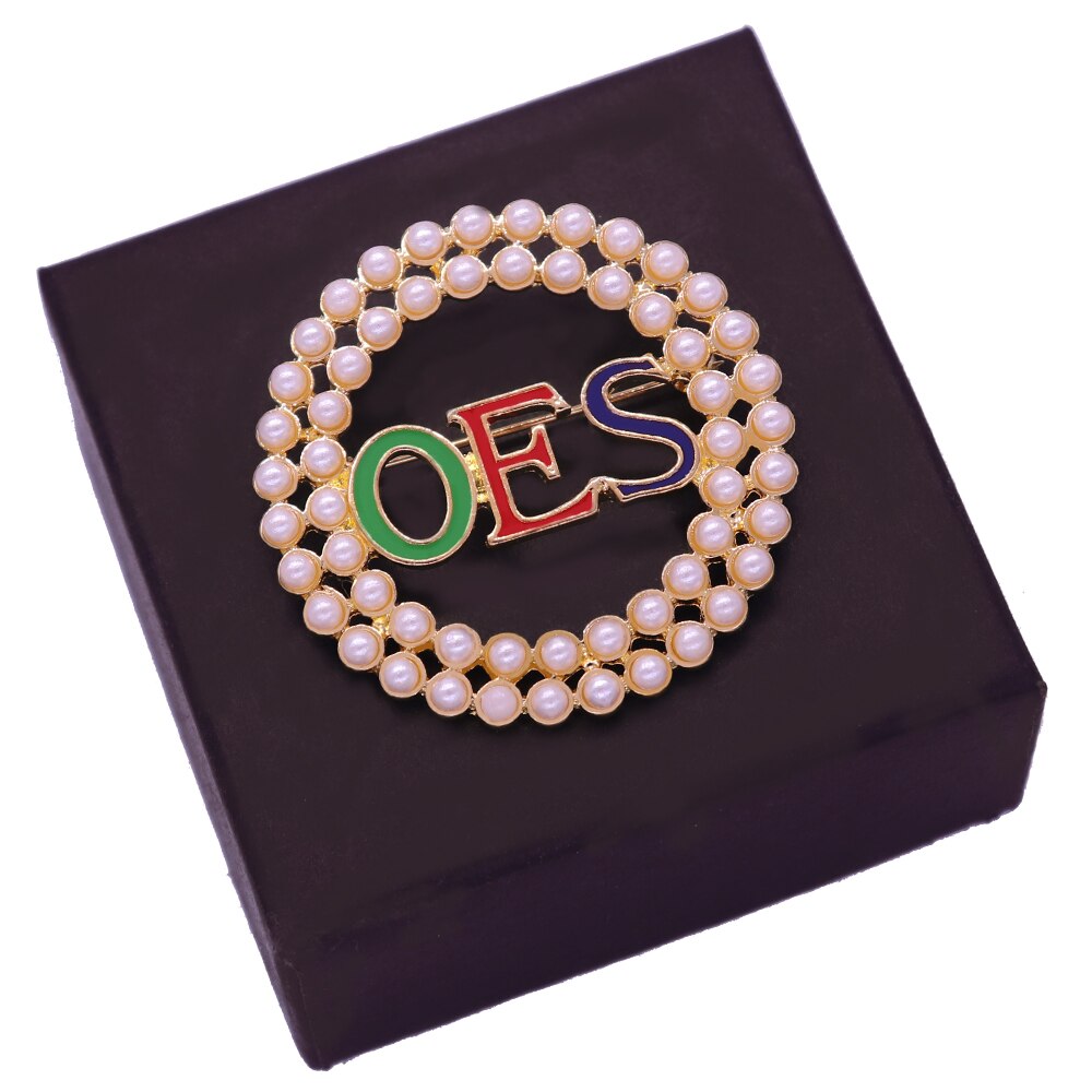 OES Brooch - Zinc Alloy With Pearls & Crystals - Bricks Masons