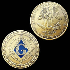 Master Mason Blue Lodge Coin - Faith Hope Charity Square Compass G Iron Copper Blue Plated - Bricks Masons