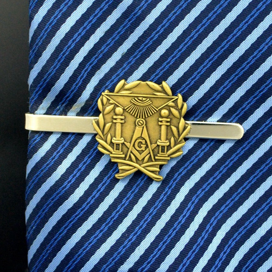 Master Mason Blue Lodge Tie Bar - Retro Brass Pillars Gold - Bricks Masons