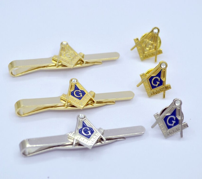 Master Mason Blue Lodge Tie Bar - Golden Square and Compass G - Bricks Masons