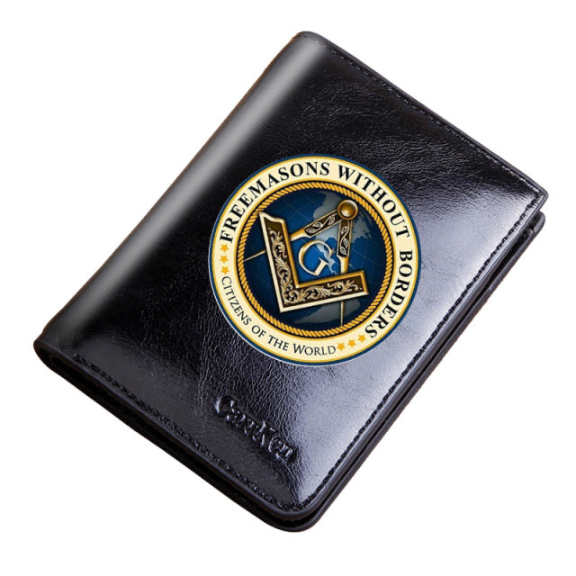 Master Mason Blue Lodge Wallet - Freemasons Without Borders Genuine Leather Black/Coffee - Bricks Masons