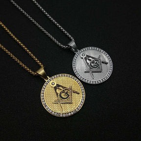 Master Mason Blue Lodge Necklace - Square and Compass with G Iced Out Round (Gold & Silver) - Bricks Masons